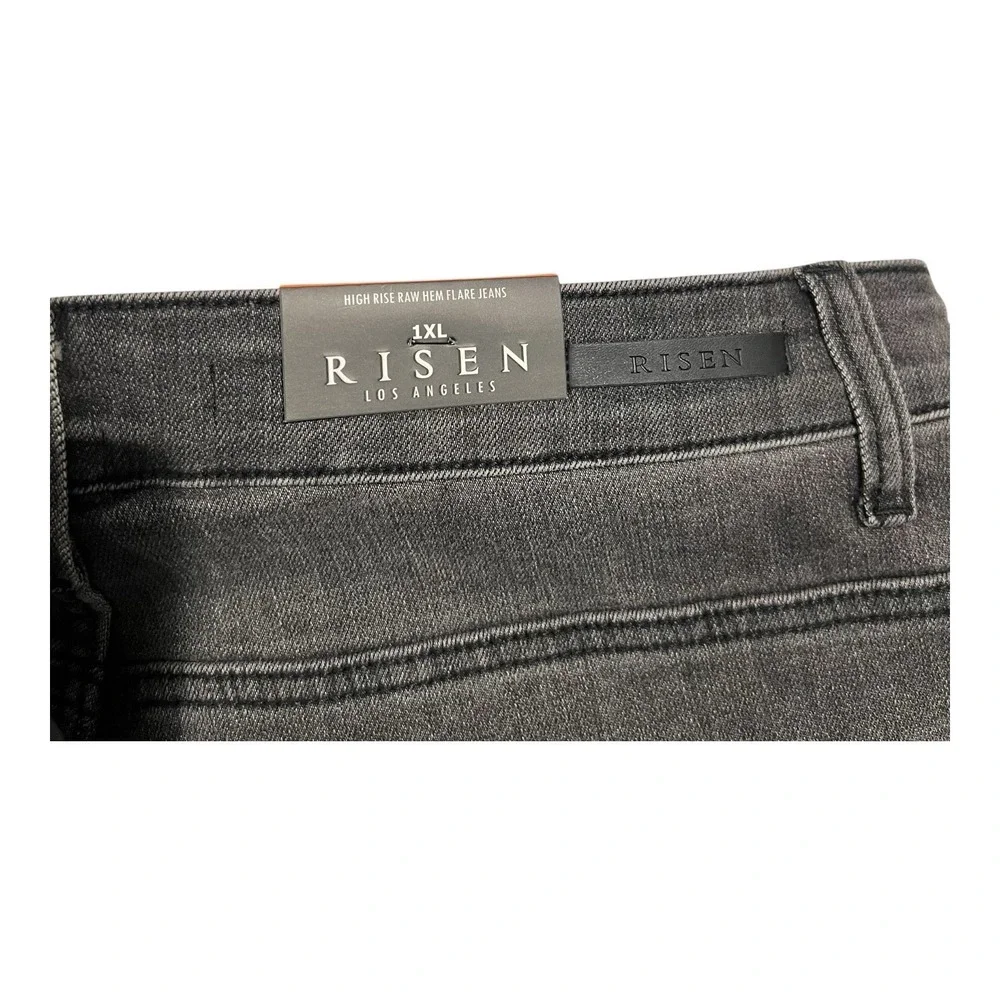 NWT Risen Womens 1XL Flare Jeans Black Acid Wash High Rise Raw Hem Stretch Denim